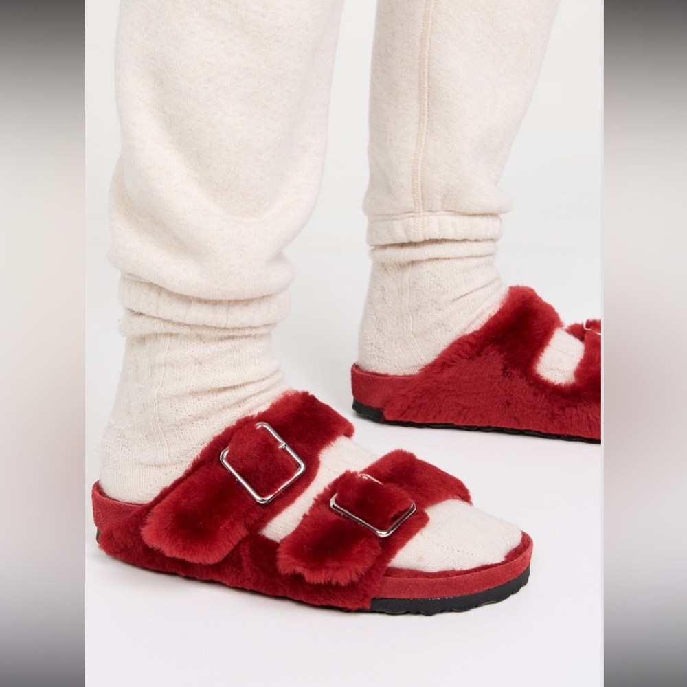 Birkenstock Red Furry Mules